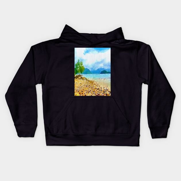 Watercolor landscape with stones at sea shore Kids Hoodie by Banyu_Urip